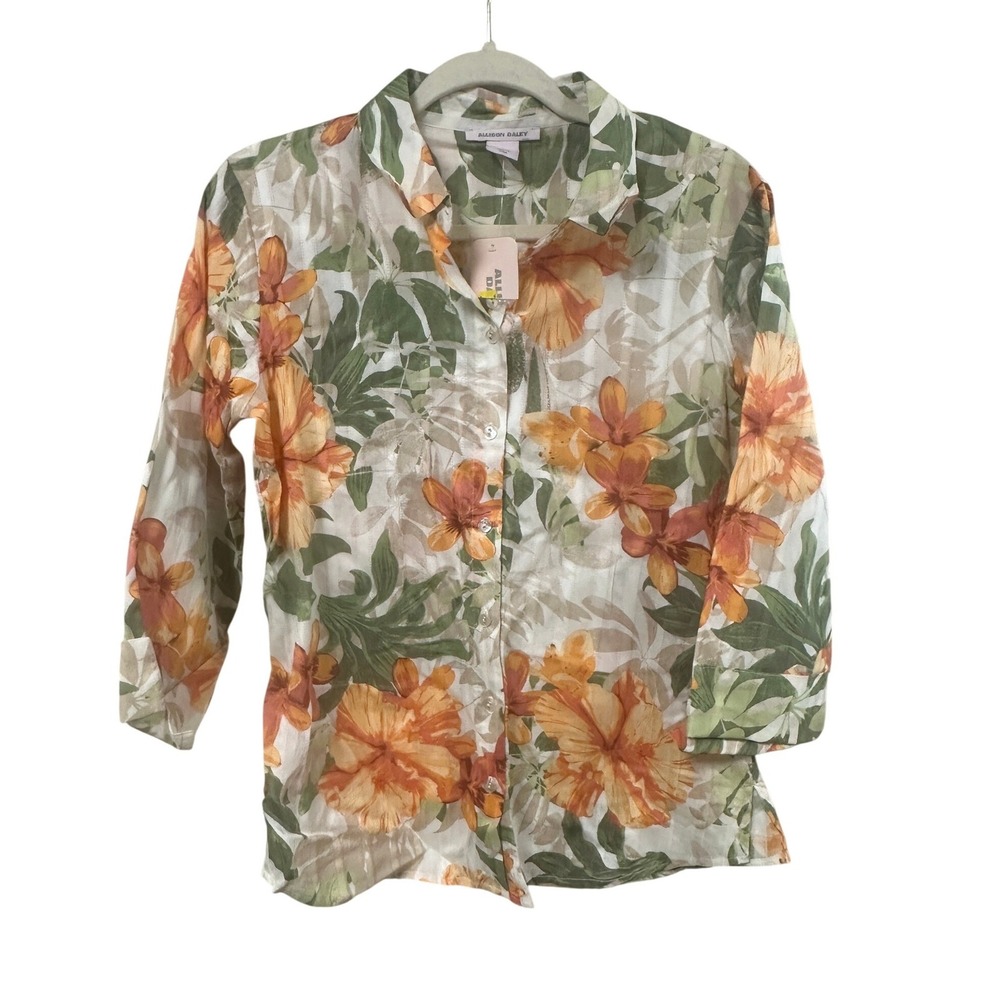 Allison Daley Womens Small Tropical Floral Cotton Button Down Shirt Green Orange